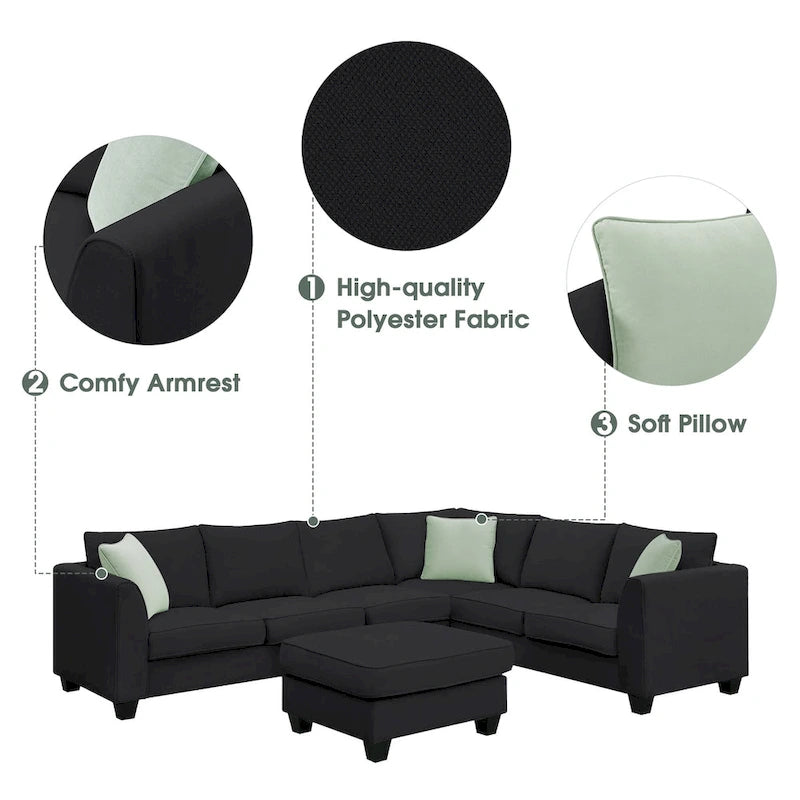 112*87 Sektionssofa Couch Wohnzimmersets, 7-Sitzer Sektionssofa mit Ottoman, L-förmiges Ecksofa-Set mit 3 Kissen