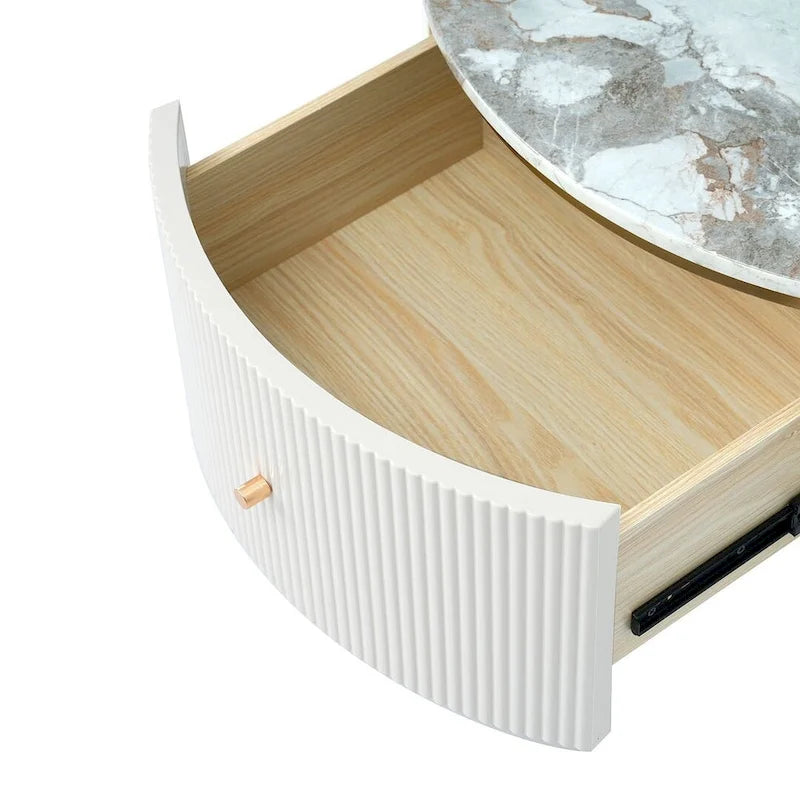 Moderner runder Couchtisch mit 2 großen Schubladen, Beistelltisch mit Stauraum und Marmor-Tischplatte